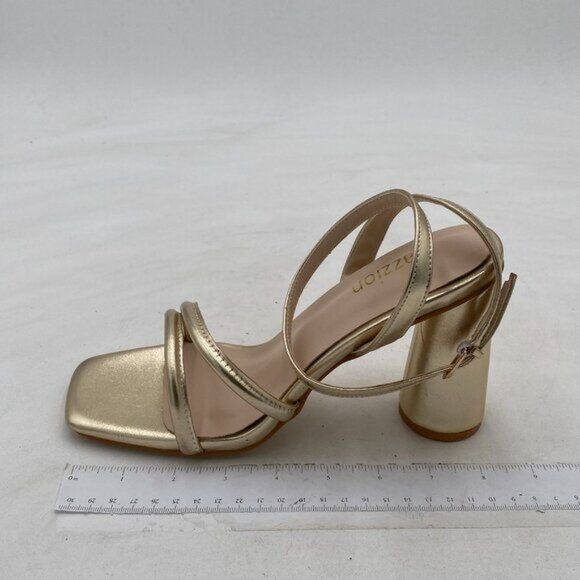 Pazzion Gold Squared Open Toe High Heel Crossed Ankle Strap Buckles Sandals - Picture 2 of 8